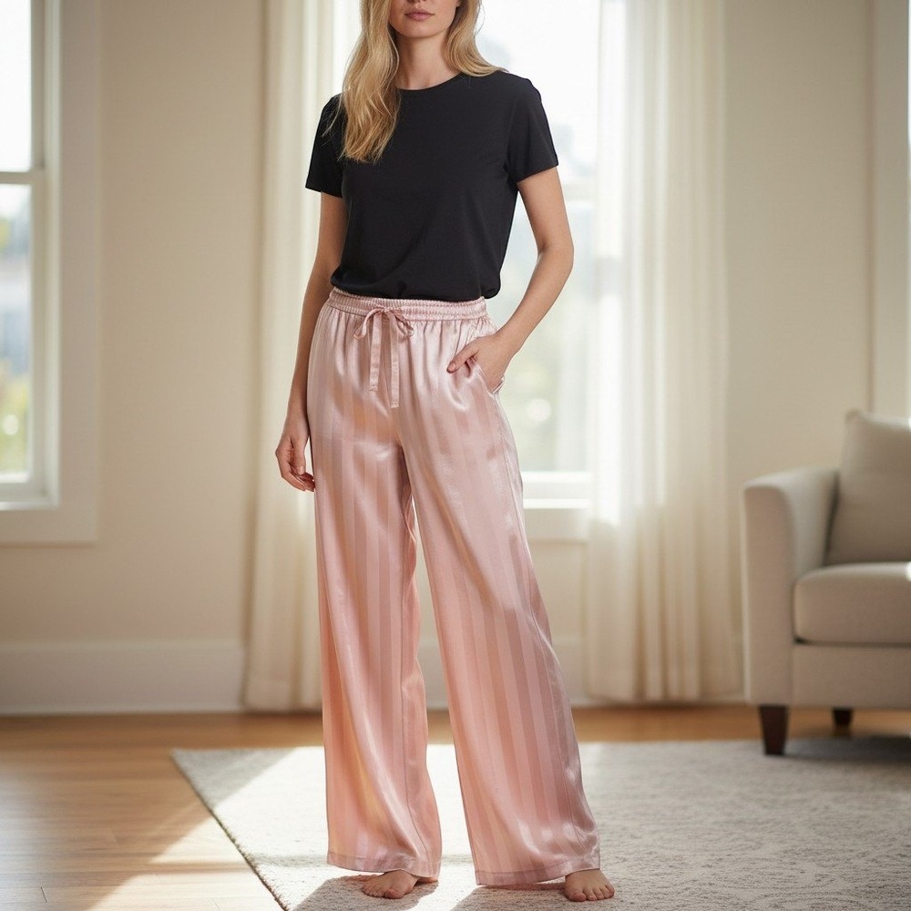 Yogalicious Sleepwear Pants Pink Satin Striped Pajama Bottoms Wide Leg XS